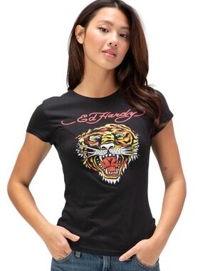 ED HARDY Rhinestone Tiger Head Womens Fitted Tee NWT